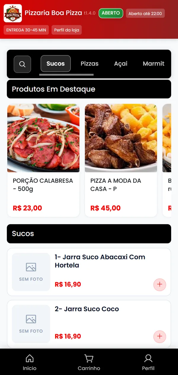 Cardápio da Pizzaria Boa Pizza na versão 1, no celular