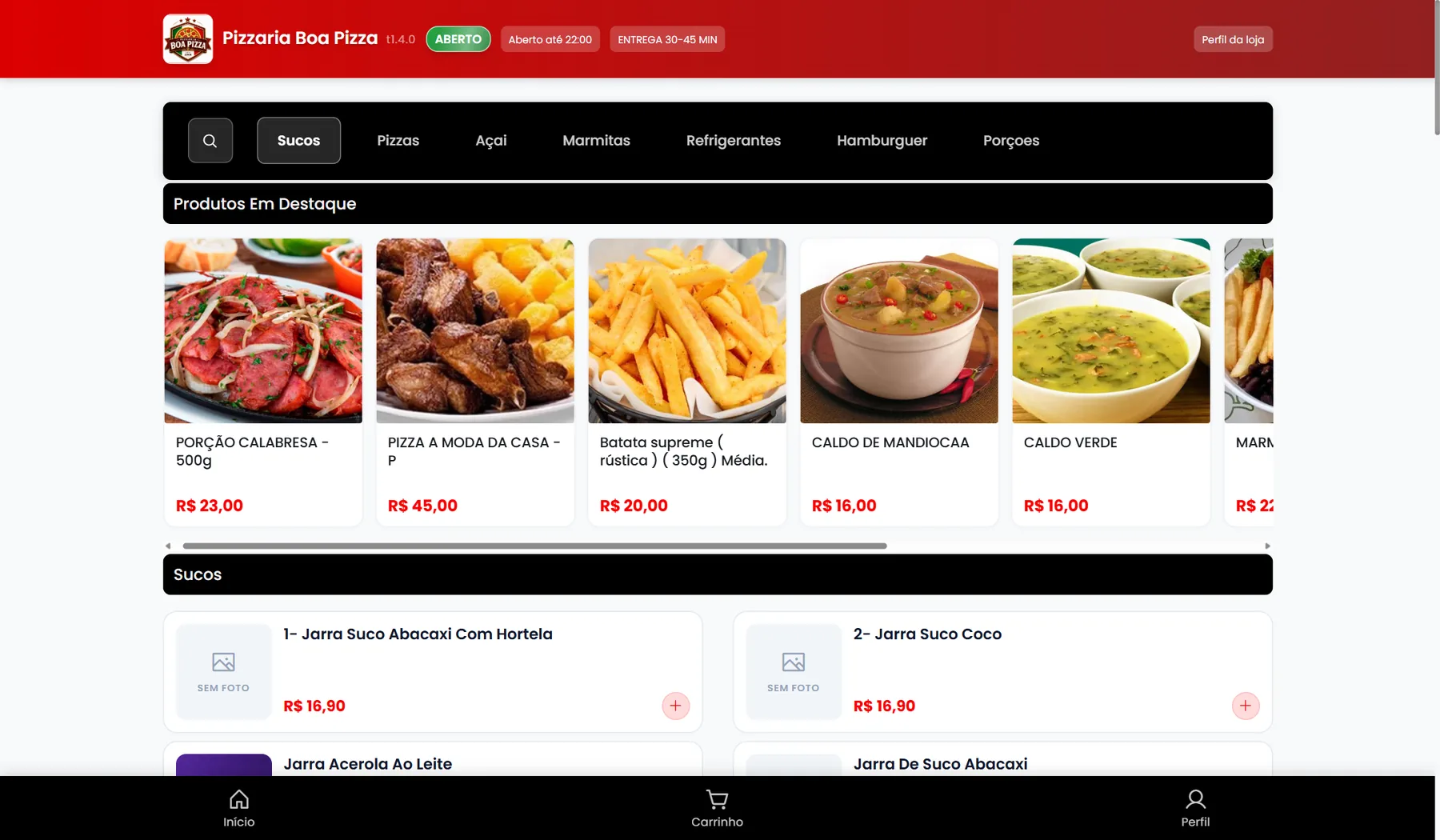 Cardápio da Pizzaria Boa Pizza na versão 1, no computador