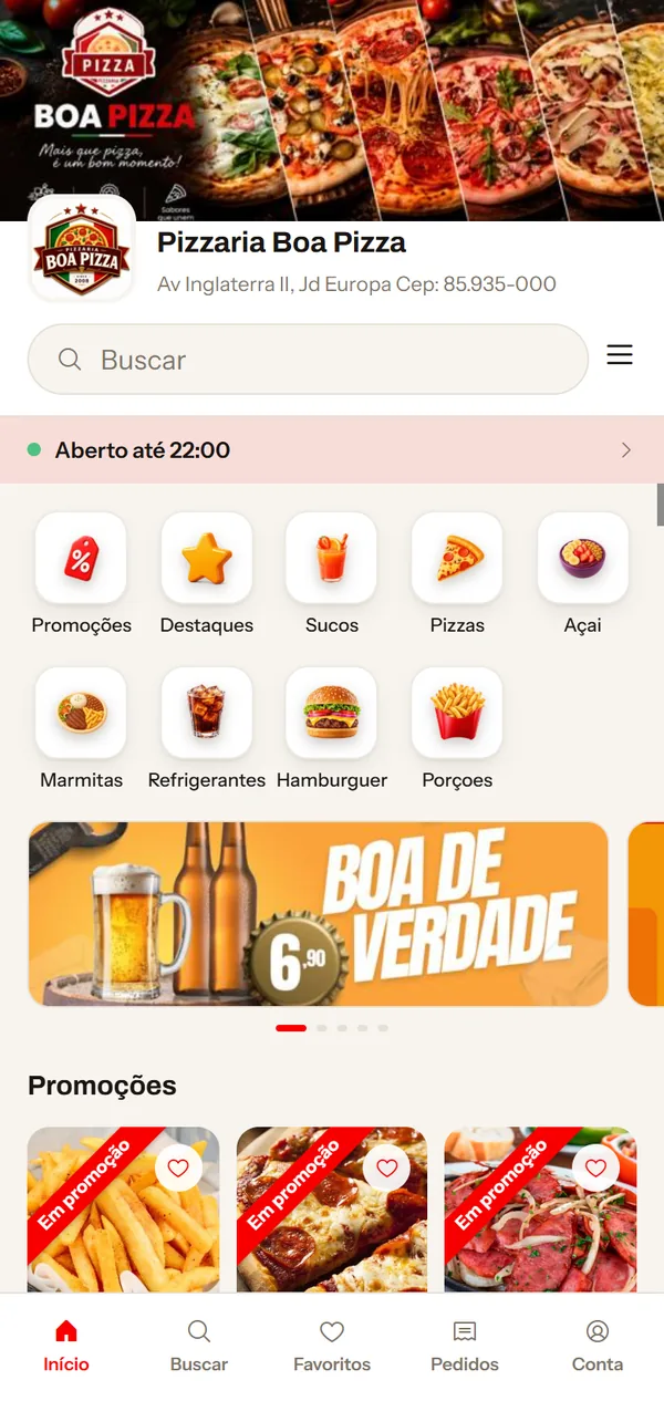 Cardápio da Pizzaria Boa Pizza na versão 2, no celular